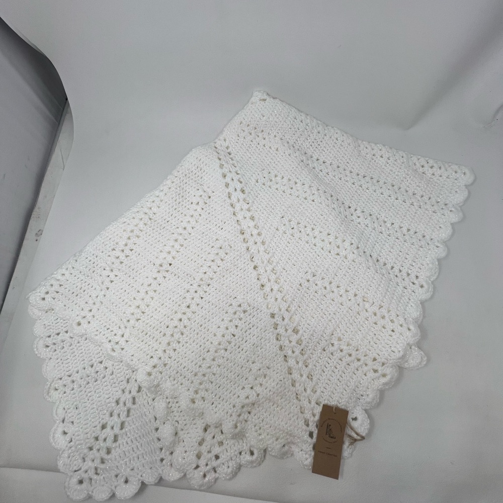 Brooklyn Women's Exchange handcrafted crocheted white iridescent baby blanket